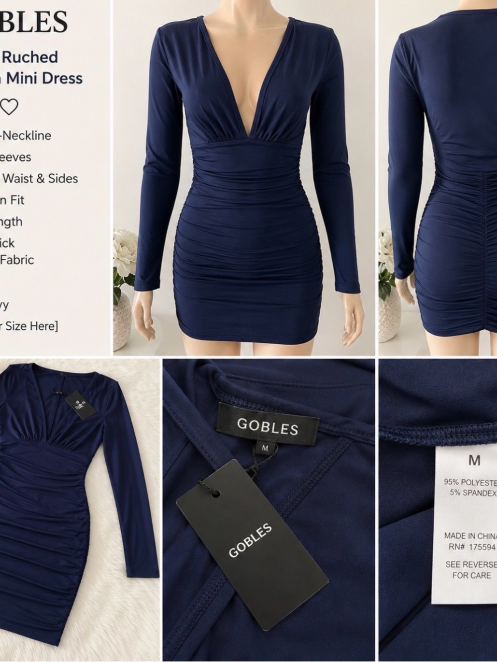 Gobles Navy Ruched V-Neck Long Sleeve Mini Dress